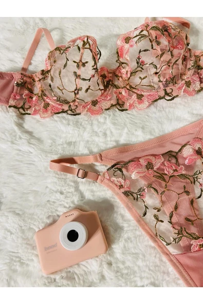 Çiçek Nakışlı Balenli Sütyen Takım - Pembe - 6