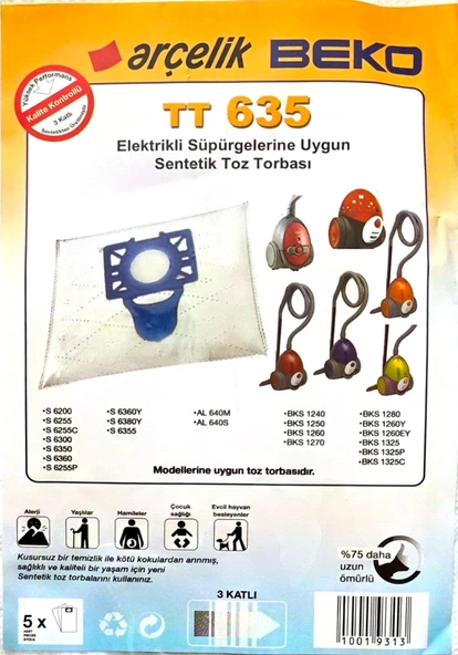 Arçelik & Beko Süpürge Torbası mavi  TT 635 5li - 2