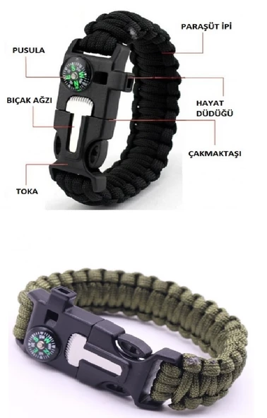 Periboia Düdük Çakı Pusula Çakmaktaşı Paraşüt İpi Hayatta Kalma Bilekliği - 4