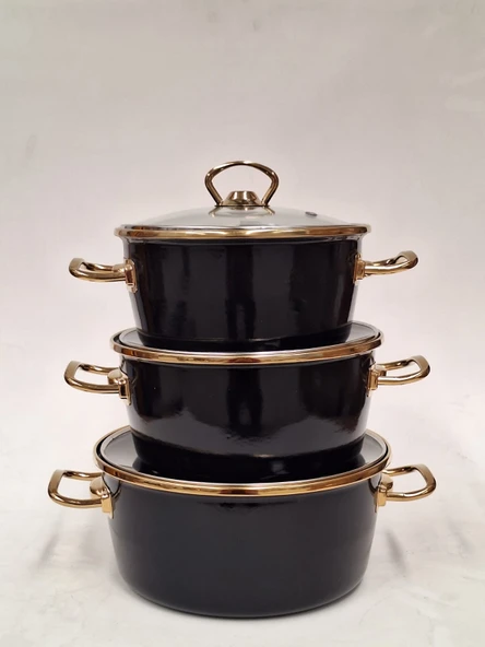 GİZEM Emaye Üçlü Tencere Seti Siyah 18/20/22 cm (2 litre/2,5 litre/3,3 litre)