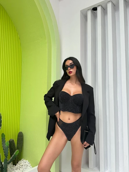 Simli Siyah Bustiyer Takım - Destekli - 6