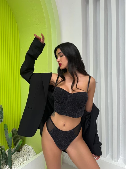 Simli Siyah Bustiyer Takım - Destekli - 3