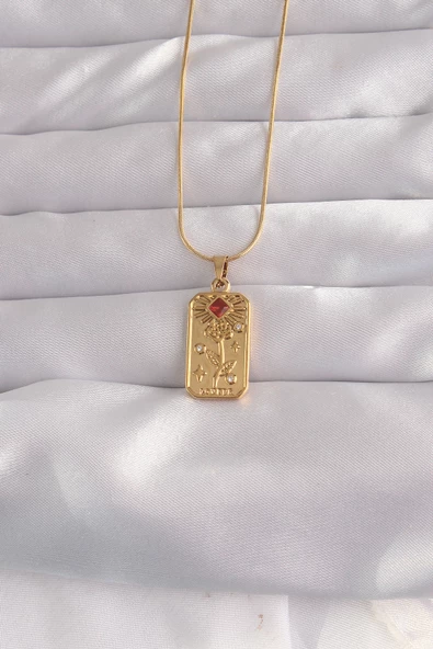 316L Çelik Gold Renk Kırmızı Zirkon Taşlı Gül Model Vintage Kolye - TJ-BKO9054