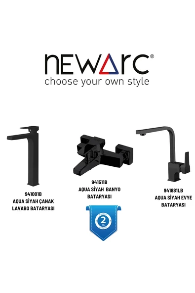 Newarc Aqua Siyah Çanak Lavabo,Banyo,Evye Batarya Set