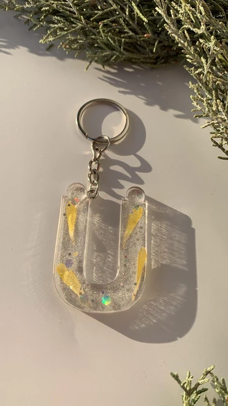 Ü Harfi Şeffaf Epoksi Simli Kurutulmuş Papatya Yapraklı Gümüş Aksesuarlı Anahtarlık El Yapımı - Resim 7