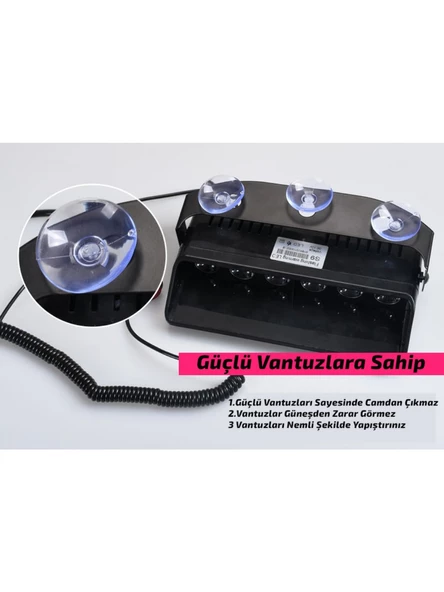 S6 Polis Çakar Lamba Cam Içi Vantuzlu 6 Led Kırmızı Mavi Çakmaklık Girişli 12 Mod Polis Lamba - 2