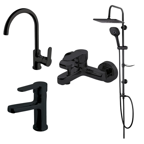 Newarc Domino Siyah Evye,Lavabo,Banyo Bataryası, Duş Ünitesi Set