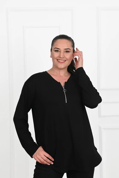 Kadın Yarım Fermuar Detaylı Büyük Beden Bluz 1387-23 - 4