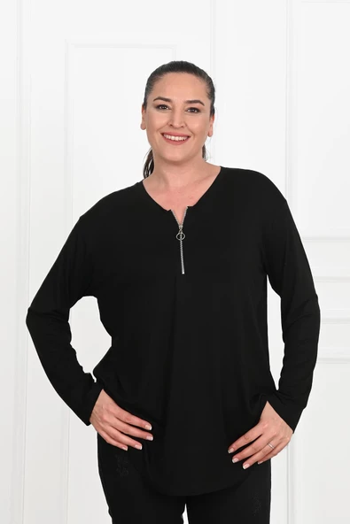 Kadın Yarım Fermuar Detaylı Büyük Beden Bluz 1387-23 - 2