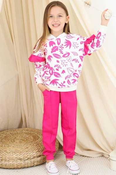 Kız Çocuk Kollarında Fırfır Detayı Üzerinde Yaprak Baskılı Kapüşonlu Fuşya Eşofman Takım - Resim 3