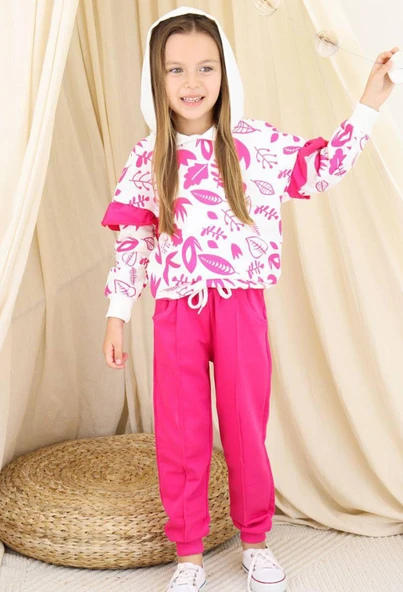Kız Çocuk Kollarında Fırfır Detayı Üzerinde Yaprak Baskılı Kapüşonlu Fuşya Eşofman Takım - Resim 2