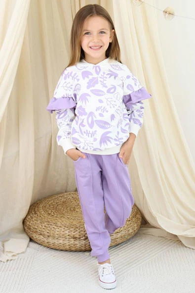Kız Çocuk Kollarında Fırfır Detayı Üzerinde Yaprak Baskılı Kapüşonlu Lila Eşofman Takım ürün görseli
