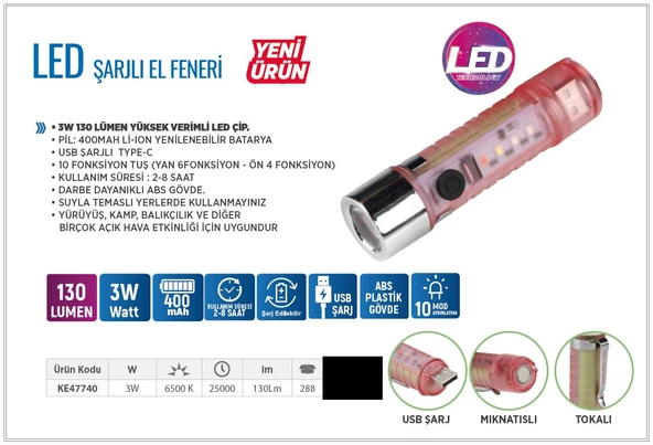 Çakarlı Ledli Şarjlı 9 UV Işıklı SOS Acil Durum Anahtarlık Mini El Feneri 130 lümen 3W 47740 - 8