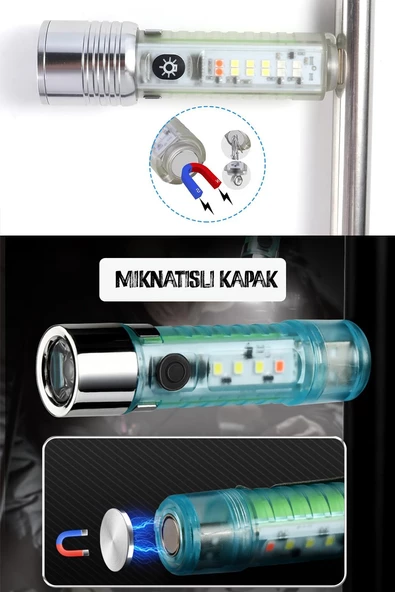 Çakarlı Ledli Şarjlı 9 UV Işıklı SOS Acil Durum Anahtarlık Mini El Feneri 130 lümen 3W 47740 - 6