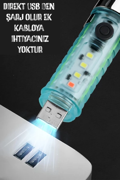 Çakarlı Ledli Şarjlı 9 UV Işıklı SOS Acil Durum Anahtarlık Mini El Feneri 130 lümen 3W 47740 - 5
