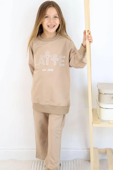 Kız Çocuk Latte Yazı Baskılı Owersize Kazak Geniş Paça Bej Eşofman Takım - 3