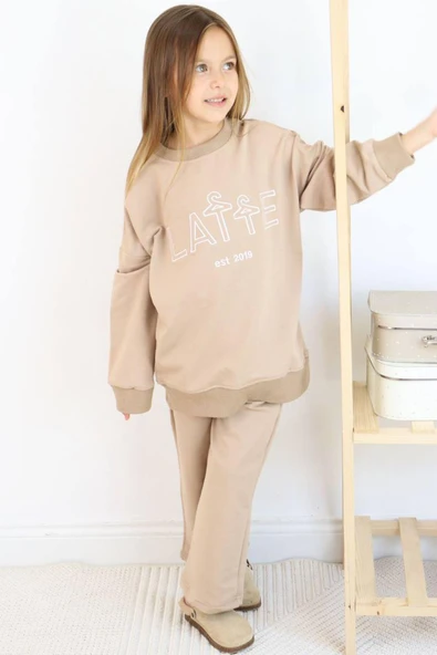 Kız Çocuk Latte Yazı Baskılı Owersize Kazak Geniş Paça Bej Eşofman Takım - 7