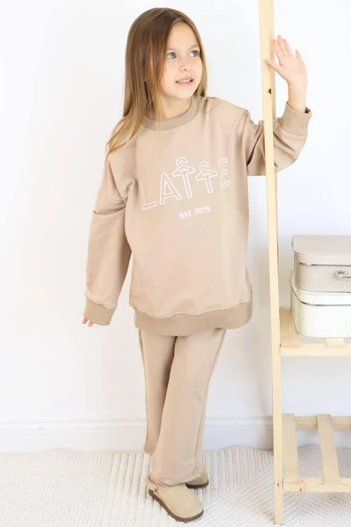 Kız Çocuk Latte Yazı Baskılı Owersize Kazak Geniş Paça Bej Eşofman Takım - 5