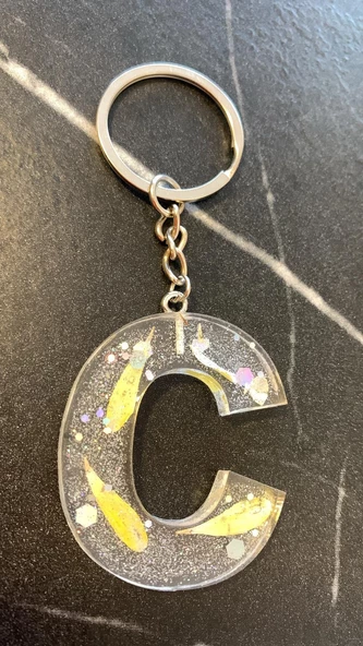 C Harfi Şeffaf Epoksi Simli Kurutulmuş Papatya Yapraklı Gümüş Aksesuarlı Anahtarlık El Yapımı - Resim 2