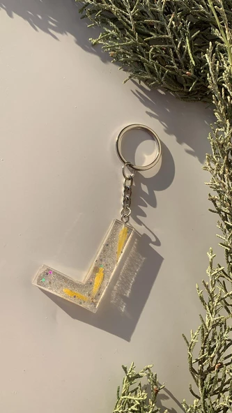 L Harfi Şeffaf Epoksi Simli Kurutulmuş Papatya Yapraklı Gümüş Aksesuarlı Anahtarlık El Yapımı - Resim 5