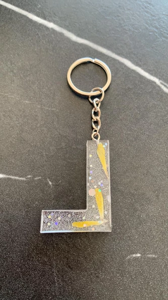 L Harfi Şeffaf Epoksi Simli Kurutulmuş Papatya Yapraklı Gümüş Aksesuarlı Anahtarlık El Yapımı - Resim 4