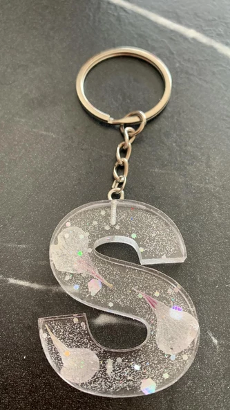 S Harfi Şeffaf Epoksi Simli Glitterli Ortanca Çiçeği Yapraklı Gümüş Aksesuarlı Anahtarlık El Yapımı - Resim 6