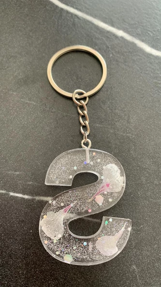 S Harfi Şeffaf Epoksi Simli Glitterli Ortanca Çiçeği Yapraklı Gümüş Aksesuarlı Anahtarlık El Yapımı - Resim 8