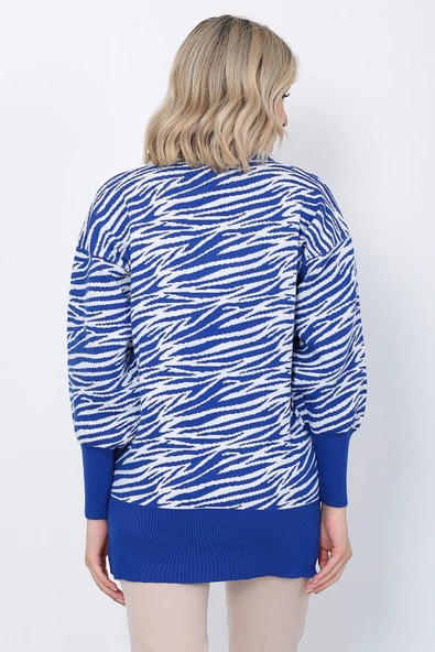 Kadın Triko Kazak Bisiklet Yaka Zebra Desenli Oversize Yırtmaçlı Saks Mavi - 9