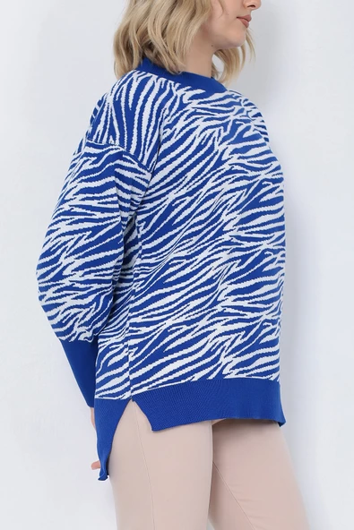 Kadın Triko Kazak Bisiklet Yaka Zebra Desenli Oversize Yırtmaçlı Saks Mavi - 5