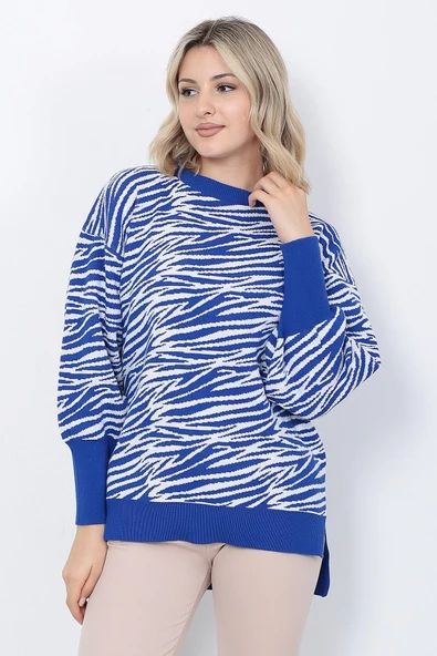 Kadın Triko Kazak Bisiklet Yaka Zebra Desenli Oversize Yırtmaçlı Saks Mavi - 8