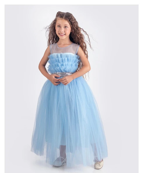 Sapes Model Sırt Gipeli Tüllü Kız Çocuk Askılı Saten Abiye MNK0618 - 6