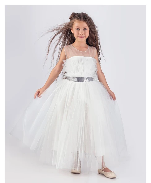 Sapes Model Sırt Gipeli Tüllü Kız Çocuk Askılı Saten Abiye MNK0618 - 4