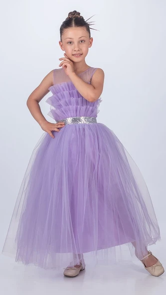 Sapes Model Sırt Gipeli Tüllü Kız Çocuk Askılı Saten Abiye MNK0618 - 17