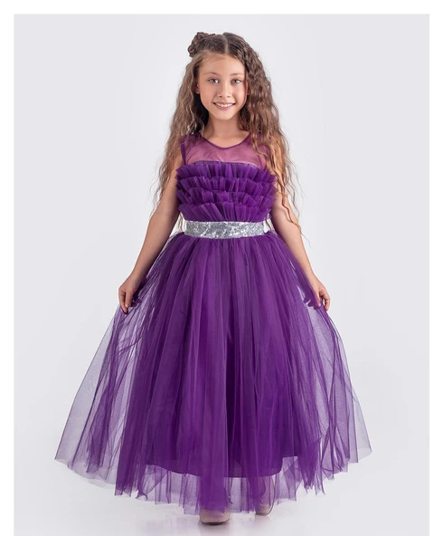 Sapes Model Sırt Gipeli Tüllü Kız Çocuk Askılı Saten Abiye MNK0618 - 8