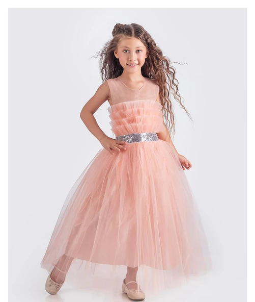 Sapes Model Sırt Gipeli Tüllü Kız Çocuk Askılı Saten Abiye MNK0618 - 12