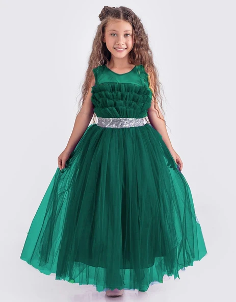 Sapes Model Sırt Gipeli Tüllü Kız Çocuk Askılı Saten Abiye MNK0618 - 19