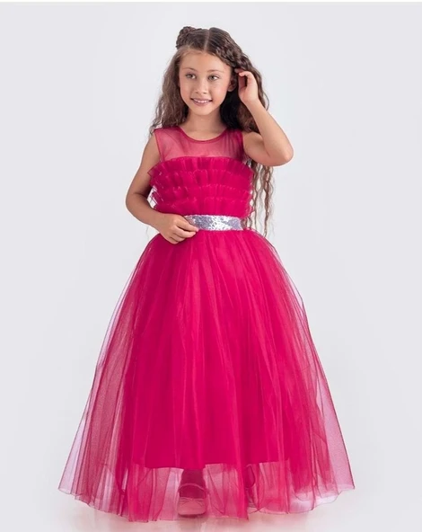 Sapes Model Sırt Gipeli Tüllü Kız Çocuk Askılı Saten Abiye MNK0618 - 15