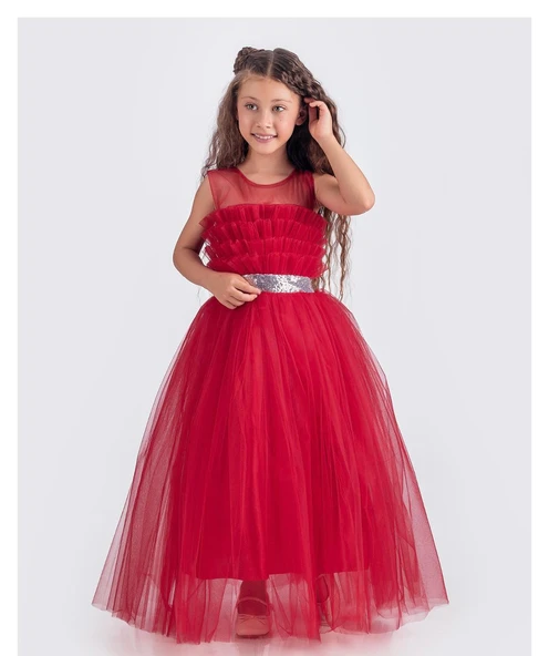 Sapes Model Sırt Gipeli Tüllü Kız Çocuk Askılı Saten Abiye MNK0618 - 2