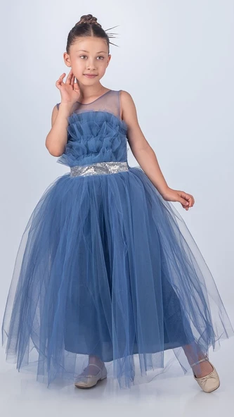 Sapes Model Sırt Gipeli Tüllü Kız Çocuk Askılı Saten Abiye MNK0618 - 18