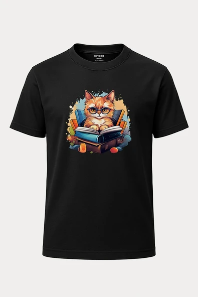 Öğrenci Sarman Sarı Kedi Baskılı Loose Fit Bisiklet Yaka Unisex Tişört Siyah