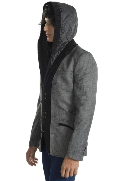 CEKMON Erkek İçi Kapitoneli Kapüşonlu Dışı Blazer Dokuma Yünlü Rahat Spor Ceket - 6