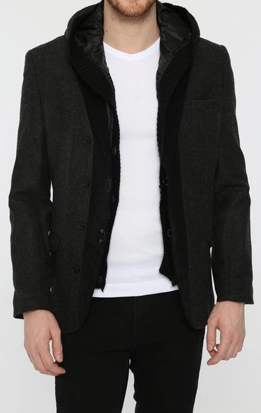 CEKMON Erkek İçi Kapitoneli Kapüşonlu Dışı Blazer Dokuma Yünlü Rahat Spor Ceket - 2