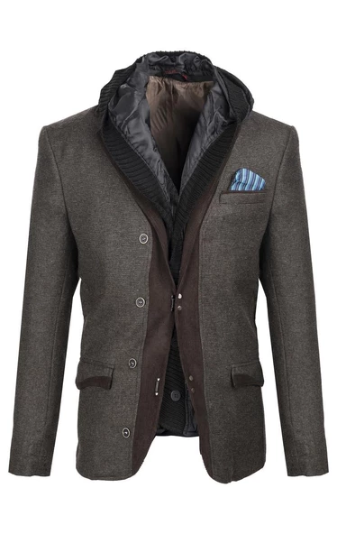 CEKMON Erkek İçi Kapitoneli Kapüşonlu Dışı Blazer Dokuma Yünlü Rahat Spor Ceket - 9