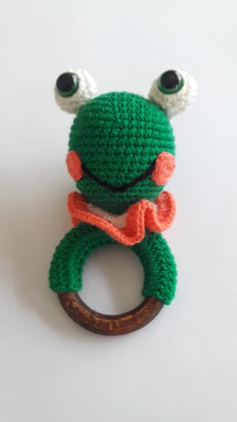 Kurbağa Çıngıraklı Diş Kaşıyıcı Amigurumi Organik Oyuncak - 1
