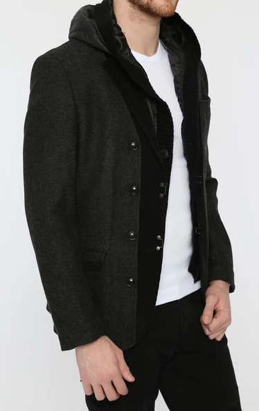 CEKMON Erkek İçi Kapitoneli Kapüşonlu Dışı Blazer Dokuma Yünlü Rahat Spor Ceket - 3