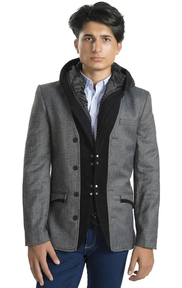 CEKMON Erkek İçi Kapitoneli Kapüşonlu Dışı Blazer Dokuma Yünlü Rahat Spor Ceket - 12