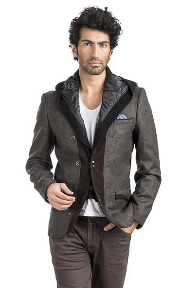 CEKMON Erkek İçi Kapitoneli Kapüşonlu Dışı Blazer Dokuma Yünlü Rahat Spor Ceket - 8