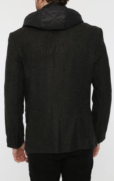 CEKMON Erkek İçi Kapitoneli Kapüşonlu Dışı Blazer Dokuma Yünlü Rahat Spor Ceket - 4