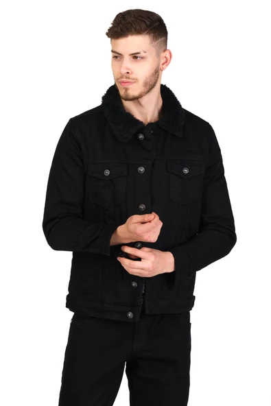 CEKMON Erkek Slim Fit İçi Yünlü Düğmeli Kısa Kot Mont - 3