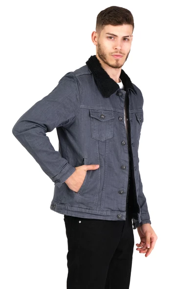 CEKMON Erkek Slim Fit İçi Yünlü Düğmeli Kısa Kot Mont - 8